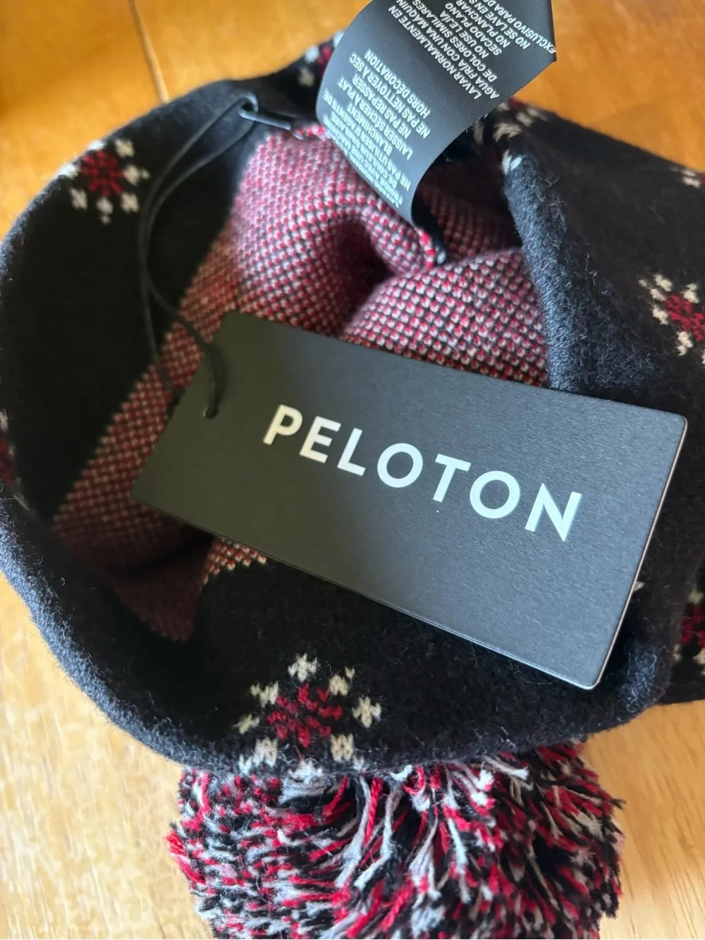 NWT PELOTON Black Beanie with Red & White Pom Pom, Size: OS